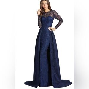 MAC DUGGAL Navy Lace with Overskirt evening gown